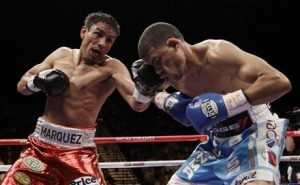 Mexico's Rafael Marquez, left, lands a punch on Puerto Rico's Juan Manuel Lopez during the WBO featherweight title fight Saturday, Nov. 6, 2010, in Las Vegas. Lopez won when Marquez forfeited after the eighth round due to a shoulder injury. (AP Photo/Julie Jacobson)